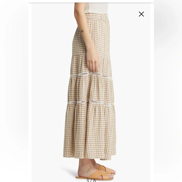 Madewell Gingham Tiered Linen Blend Maxi Skirt Tan Cream XS - Picture 11 of 11